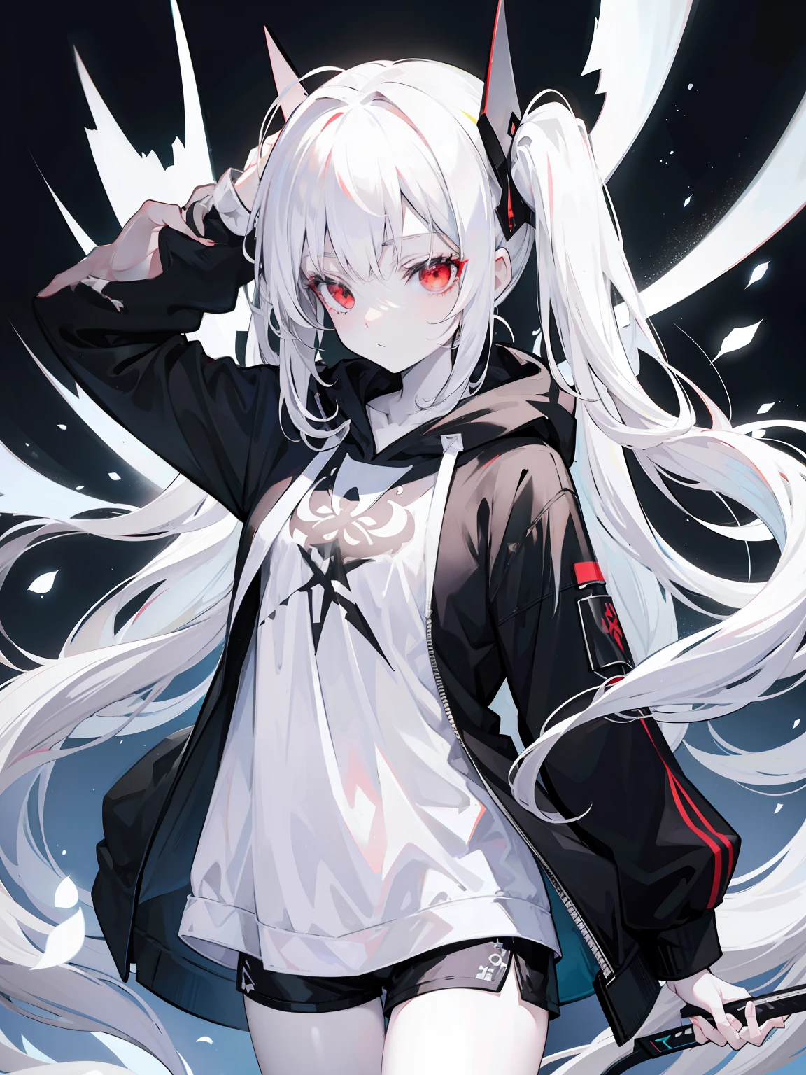 Pale skin, white hair, black hoodie, white flowers, flowers on head, Twintails, Loli, solo,{{best quality}}, {{masterpiece}}, {{ultra-detailed}}, {illustration}, {detailed light}, red eyes,long hair,shorts