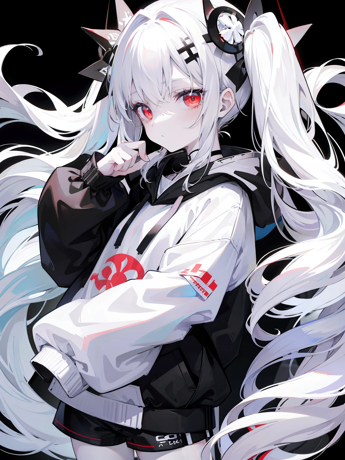 Pale skin, white hair, black hoodie, white flowers, flowers on head, Twintails, , solo,{{best quality}}, {{masterpiece}}, {{ultra-detailed}}, {illustration}, {detailed light}, red eyes,long hair,shorts