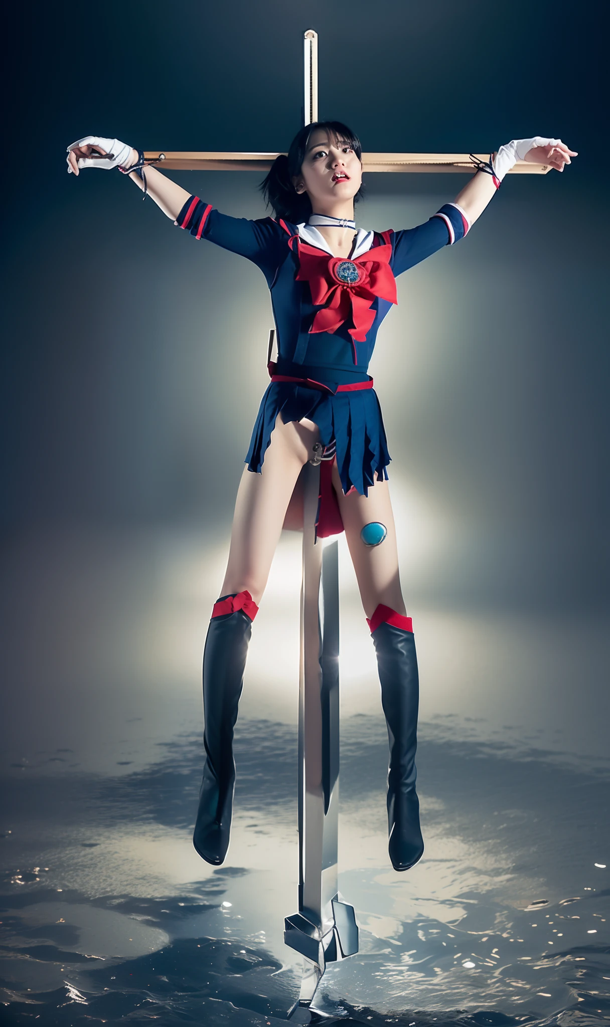 Bloody、((Painful look))、That is、defeat、Turning a blind eye、Bishoujo Warrior、((Sailor Senshi Uniform))、masterpiece, top-quality, hight resolution, Mer1, tiarra, Sailor Senshi Uniform, 12year old,(((Sailor Mercury:1.3,Ami Mizuno))),a blue skirt, Blue sailor color, tiarra, the bow, knee boots:1.3, a choker, white glove, Blue choker, elbowgloves:1.3, jewely, 耳Nipple Ring, pleatedskirt, Raise:1.5,Very short skirt:1.5、Show panties:1.5,