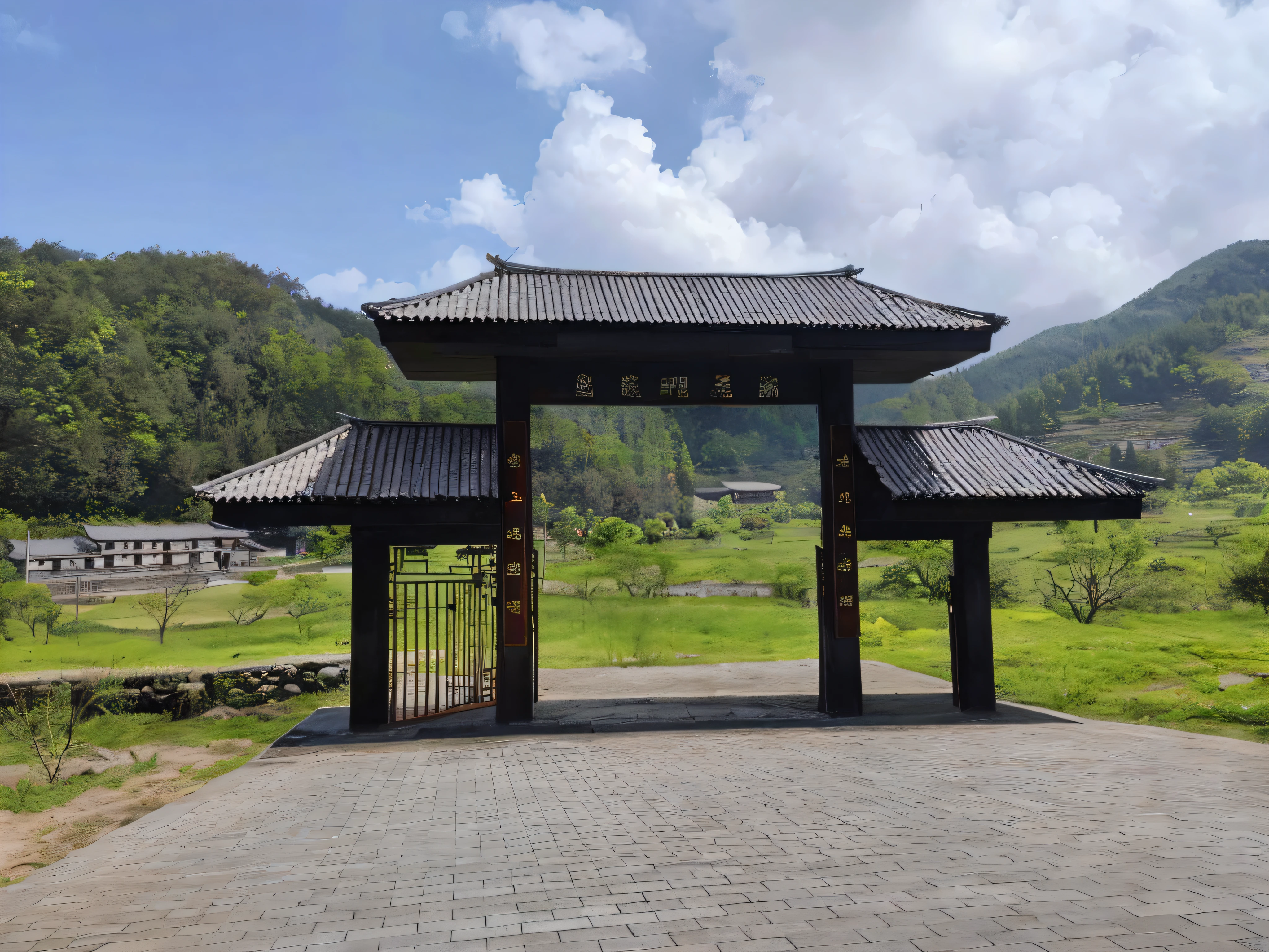 There is a door in front of the building, qiangshu, Ancient Chinese architecture, Beautiful image, jinyiwei, gate, large gate, jin shan, huge gate, Temple, external view, nanquan, full - view, A temple, Taoist temples and monks, zmonzheng, Ancient sword, daoshu, Chinese architecture