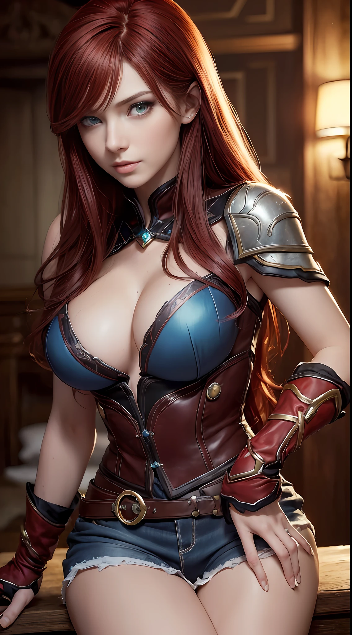 high quality fingers, normal hands, detailed fingers,masterpiece, (realistic, photo-realistic:1.37), (22 years old woman), katarina from league of legends, medium breast, small waist, dark red hair, blue eyes, beautiful face, perfect illumination, beautiful detailed eyes,looking at viewer, stunningly beautiful woman, detailed hairstyle, detailed background,shorts, detailed fantasy background, (sweat:1)