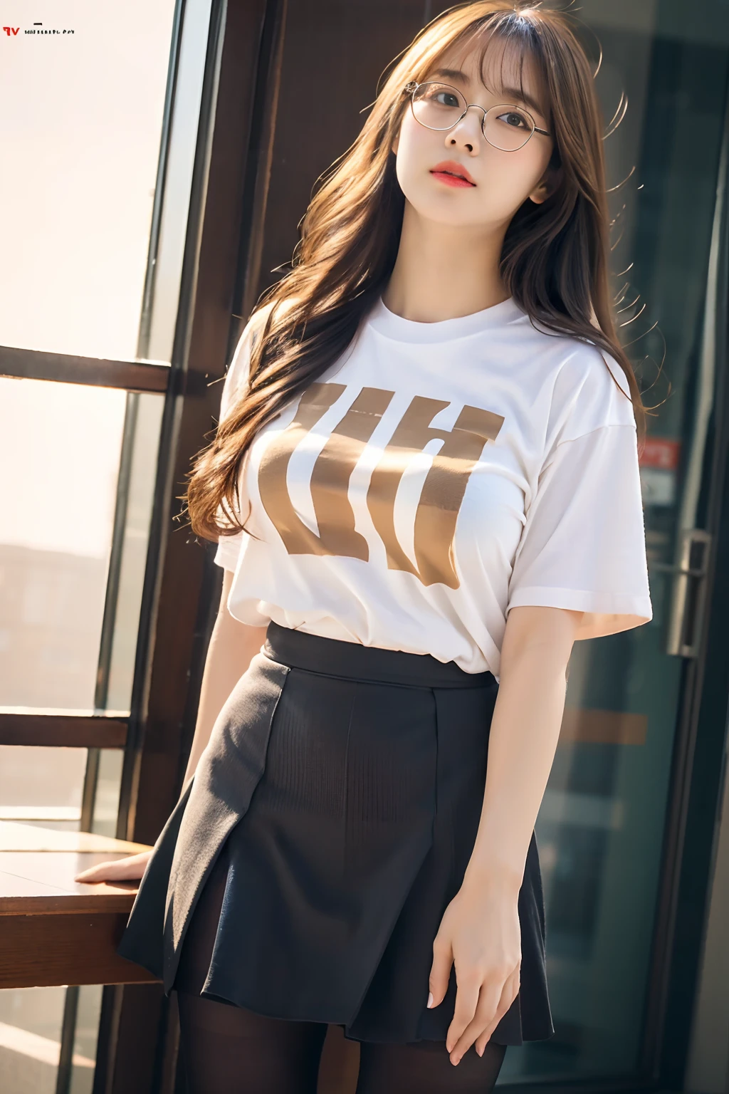 ulzzang-6500-v1.1,(raw photo:1.2), (photorealistic:1.4), beautiful detailed girl, very detailed eyes and face, beautiful detailed eyes, ridiculous, incredibly ridiculous, huge file size, super detailed, high resolution, very detailed, best quality, masterpiece, ((t-shirt)), illustration, very detailed, CG, unified, 8k wallpaper, amazing, fine details, masterpiece, Best quality, very detailed CG unified 8k wallpaper, face light, movie lighting, 1girl, 16 years old, long white hair, side split, (big breasts), (no panties)), (with glasses), (dynamic pose), (sexy pose), ((camel toe))), (half), ((pantyhose)), ((black hip skirt)), (bent knees)))))
