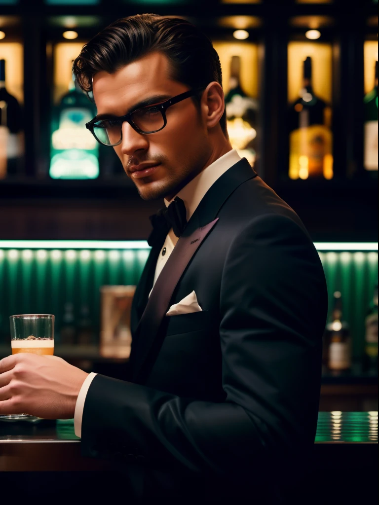 A portrait of an American extremely handsome man dressed in an elegant clothing, illuminated by the vibrant neon lights of a stylish bar. The man exudes sophistication and masculinity, his poise capturing the essence of Parisian sexuality. His clothing is modern and sexy. The neon lights cast a colorful glow on his face, accentuating his handsome features and adding a contemporary flair to the scene. The bar's atmosphere is buzzing with energy, with the soft murmur of conversations and clinking glasses in the background. The composition of this photo is carefully crafted, capturing the man’s allure and the ambiance of the bar in perfect harmony. Photographed by Paolo Roversi, using a Leica SL2 with a 50mm lens, the lighting combines the neon lights of the bar with subtle fill light, creating a captivating and glamorous image.