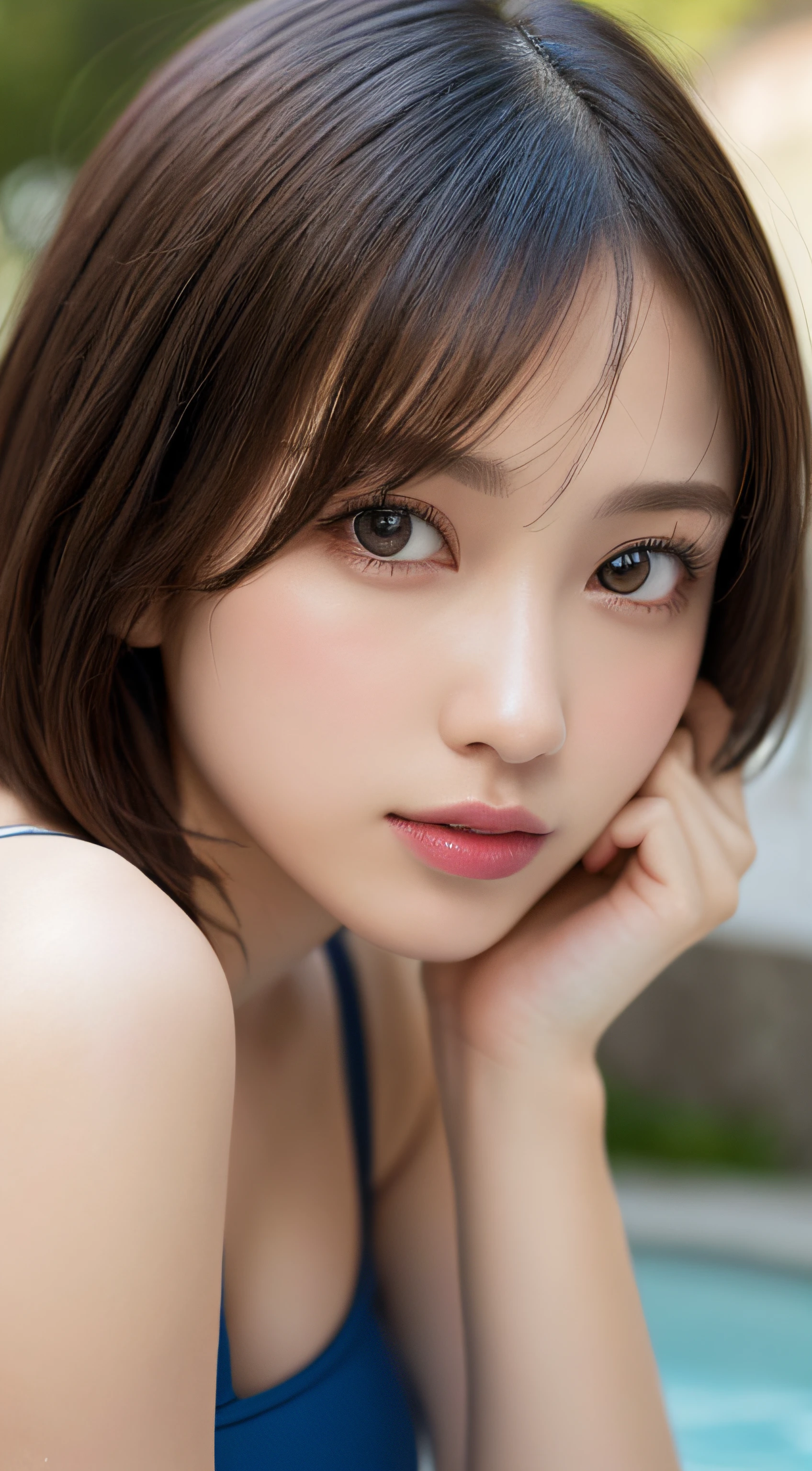 masutepiece, Best Quality, Illustration, Ultra-detailed, finely detail, hight resolution, 8K Wallpaper, Perfect dynamic composition, Beautiful detailed eyes, Natural Lip, Swimsuit , Big breasts, Short bob hair , Gravure Pose