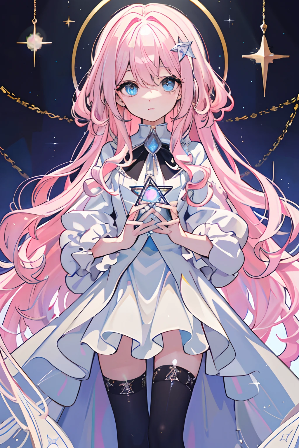 Masterpiece, Rich in details, Delicate, Cute, Light pink hair, Light blue eyes, Curly hair, stars, pentacle, glitters, The whole body is like a black silk school suit