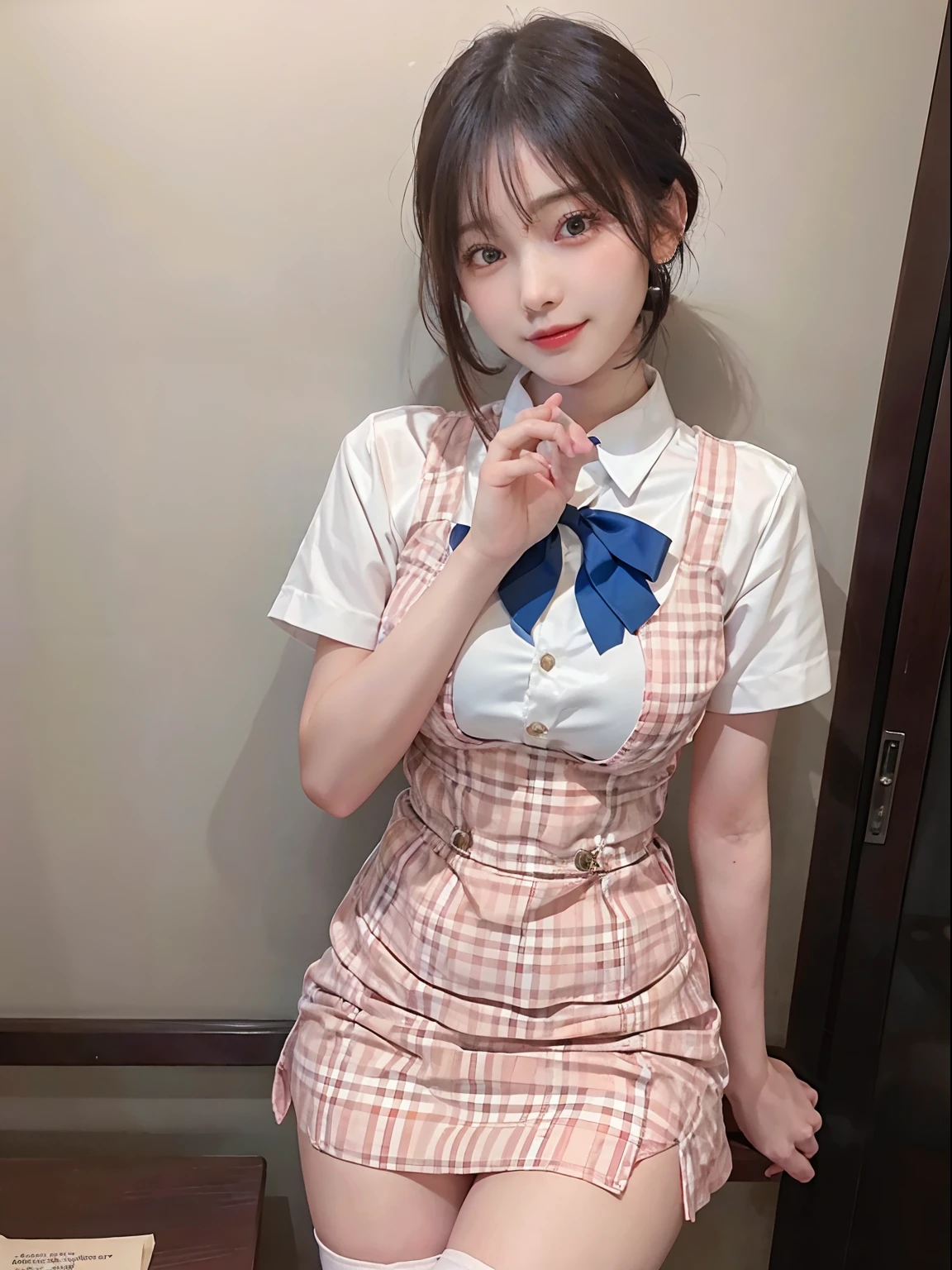 (Raw photography:1.2)、top-quality、a beautiful detailed girl、A smile、short-haired、extremely detailed eye and face、beatiful detailed eyes、huge filesize、hight resolution、8k wallpaper、finely detail、Highly detailed ticker uniform 8K wallpaper、Light on the Face、电影灯光、16-year-old girl、(photorealisim:1.4)、illustratio、super detailing、Red Check Uniform、Japanese high school students