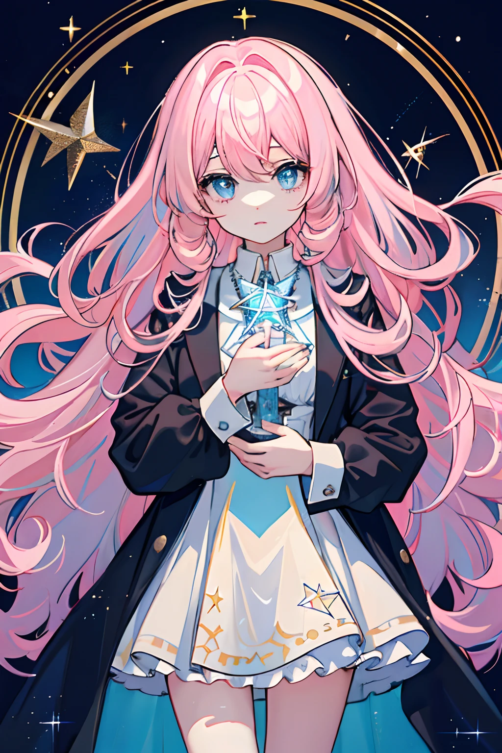 Masterpiece, Rich in details, Delicate, Cute, Light pink hair, Light blue eyes, Curly hair, stars, pentacle, glitters, The whole body is like a black silk school suit