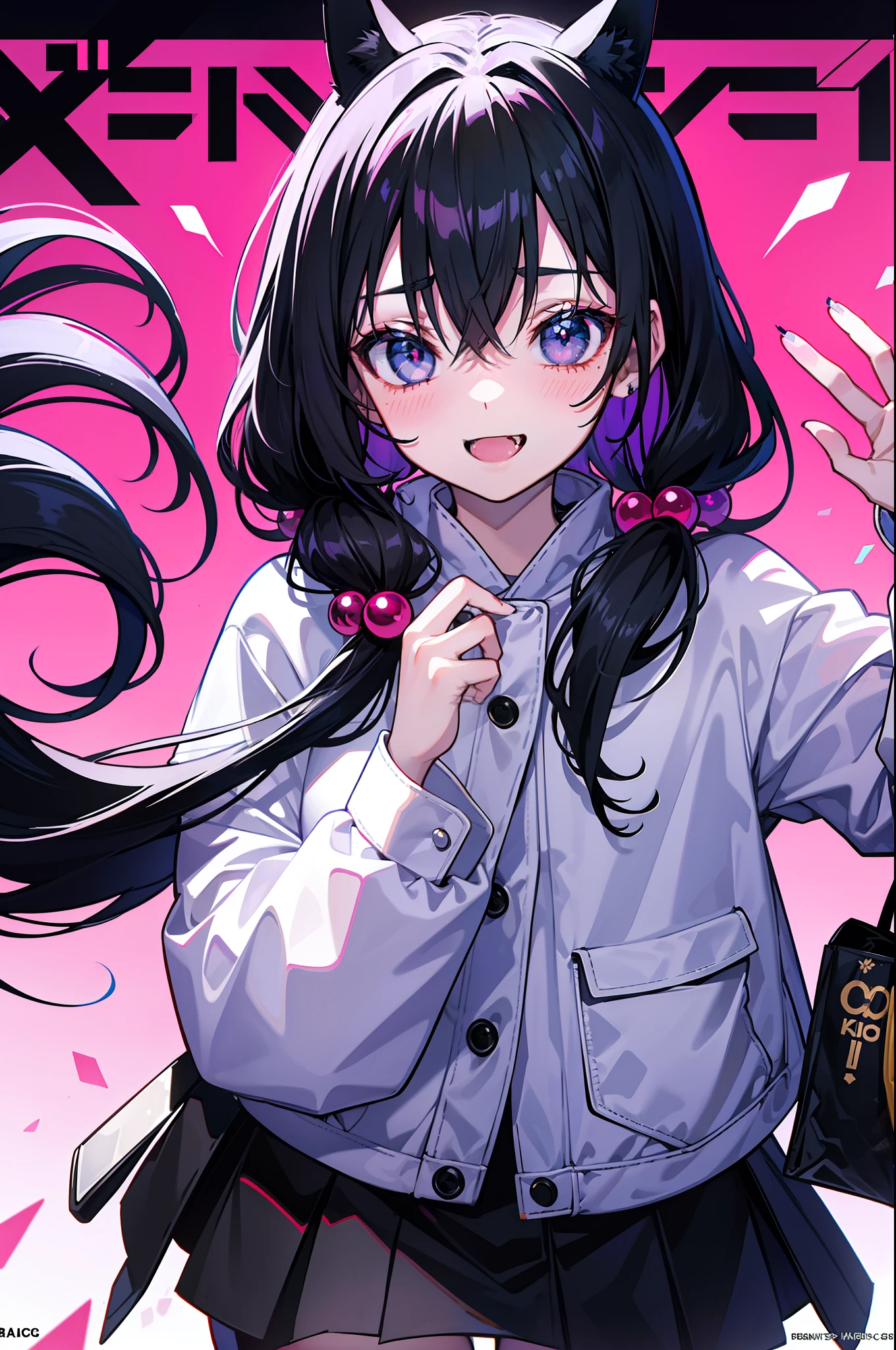 black hair, hair bobbles, wince, longeyelashes, solid circle eyes, fake animal ears, light smile, ear blush, fang, Magazine style, Cool, design sense, MagazineCover, Neat, Look ahead, Penetration, Surrealism, drop shadow, anaglyph, stereogram, tachi-e, pov, atmospheric perspective, Sony FE GM, 8k, super detail, ccurate, best quality, masterpiece