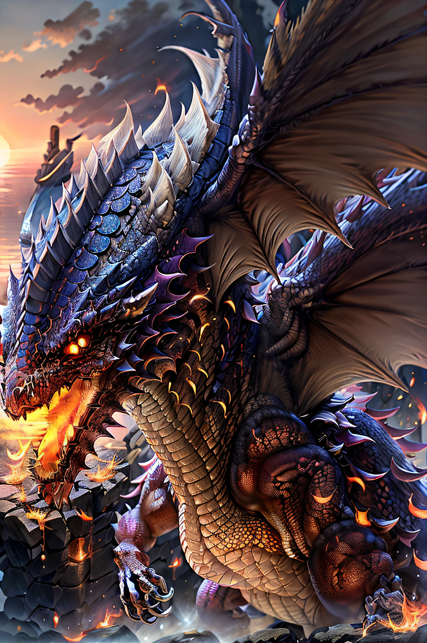 A roaring dragon in flames,Soar proudly in the clear blue sky。Radiant,Dragon scales shine,Showcasing majesty and magnificence。(Flame emphasized,Glow strengthens the rays:1.2,Dragon scales have an increased texture:1.1,Pride strengthens:1.3,Soar into the sky:1.2)