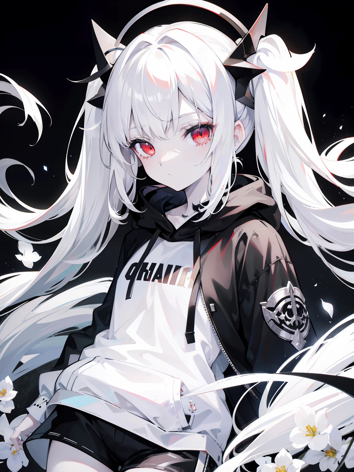 Pale skin, white hair, black hoodie, white flowers, flowers on head, Twintails, , solo,{{best quality}}, {{masterpiece}}, {{ultra-detailed}}, {illustration}, {detailed light}, red eyes,long hair,shorts