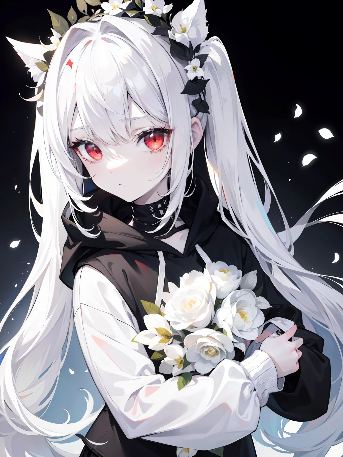 Pale skin, white hair, black hoodie, white flowers, flowers on head, Twintails, , solo,{{best quality}}, {{masterpiece}}, {{ultra-detailed}}, {illustration}, {detailed light}, red eyes,long hair,shorts