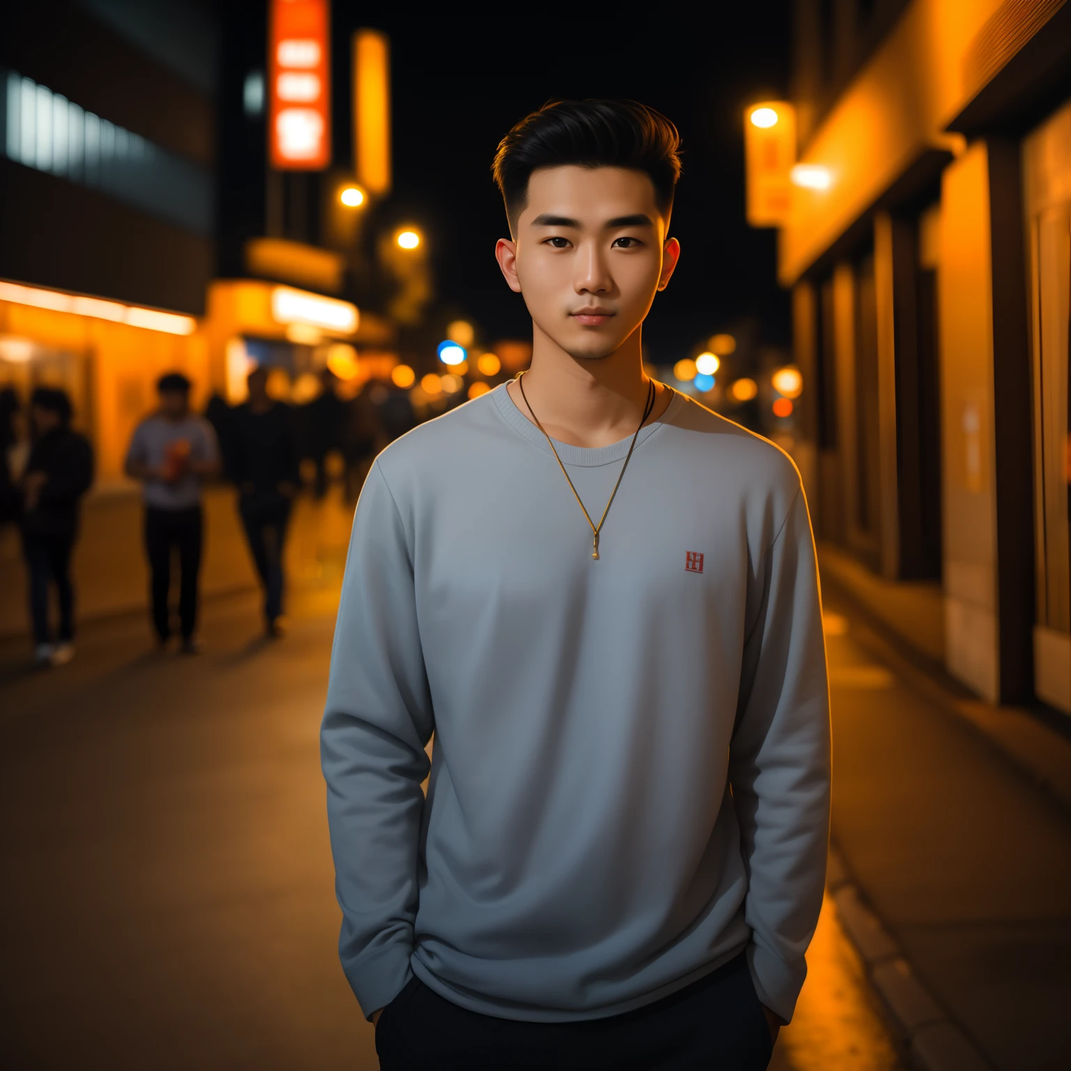 RAW photo, a portrait photo of 25 y.o man in casual clothes, night, city street, (high detailed skin:1.2), 8k uhd, dslr, soft lighting, high quality, film grain, Fujifilm XT3