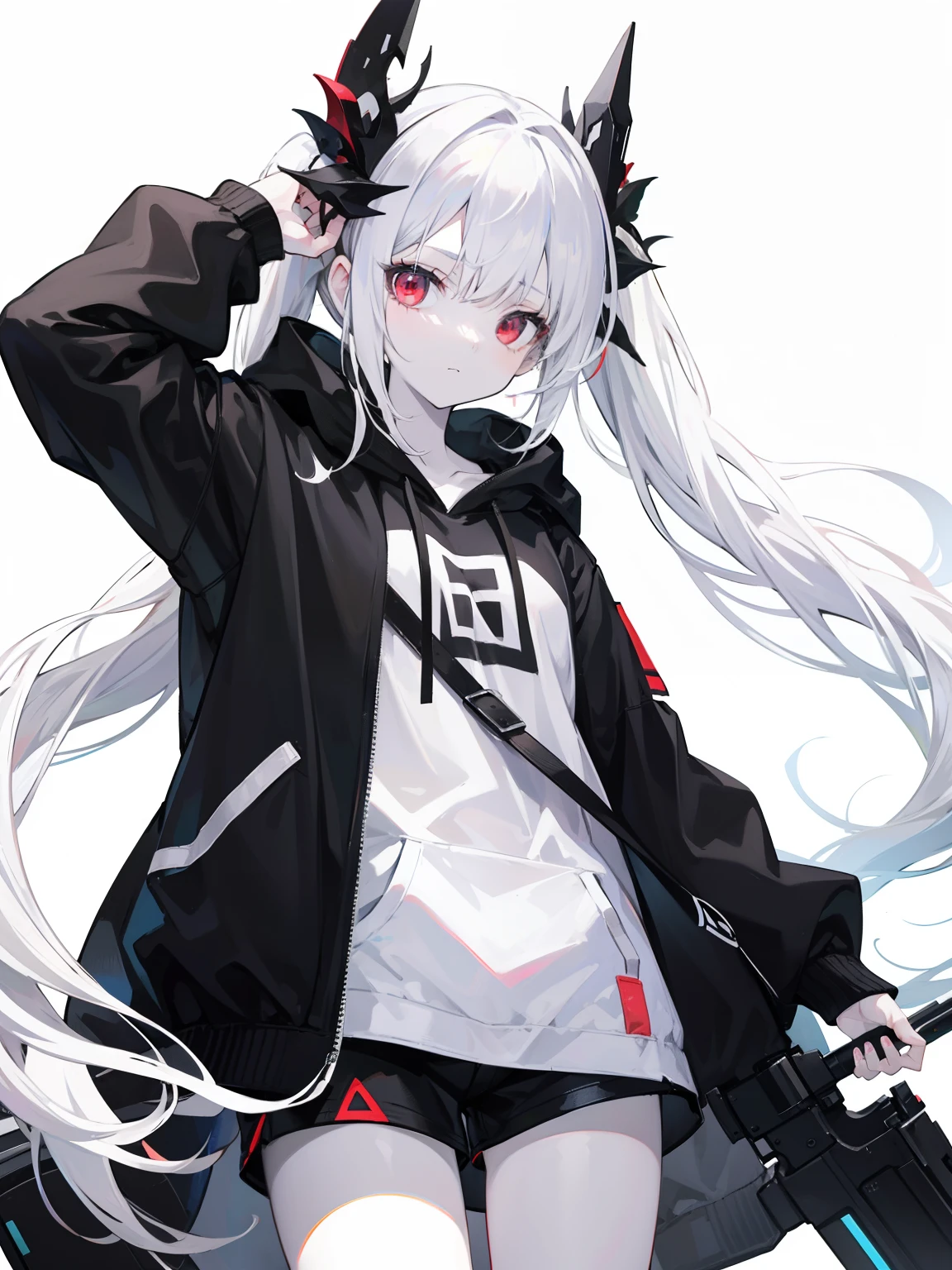 Pale skin, white hair, black hoodie, white flowers, flowers on head, Twintails, Loli, solo,{{best quality}}, {{masterpiece}}, {{ultra-detailed}}, {illustration}, {detailed light}, red eyes,long hair,shorts