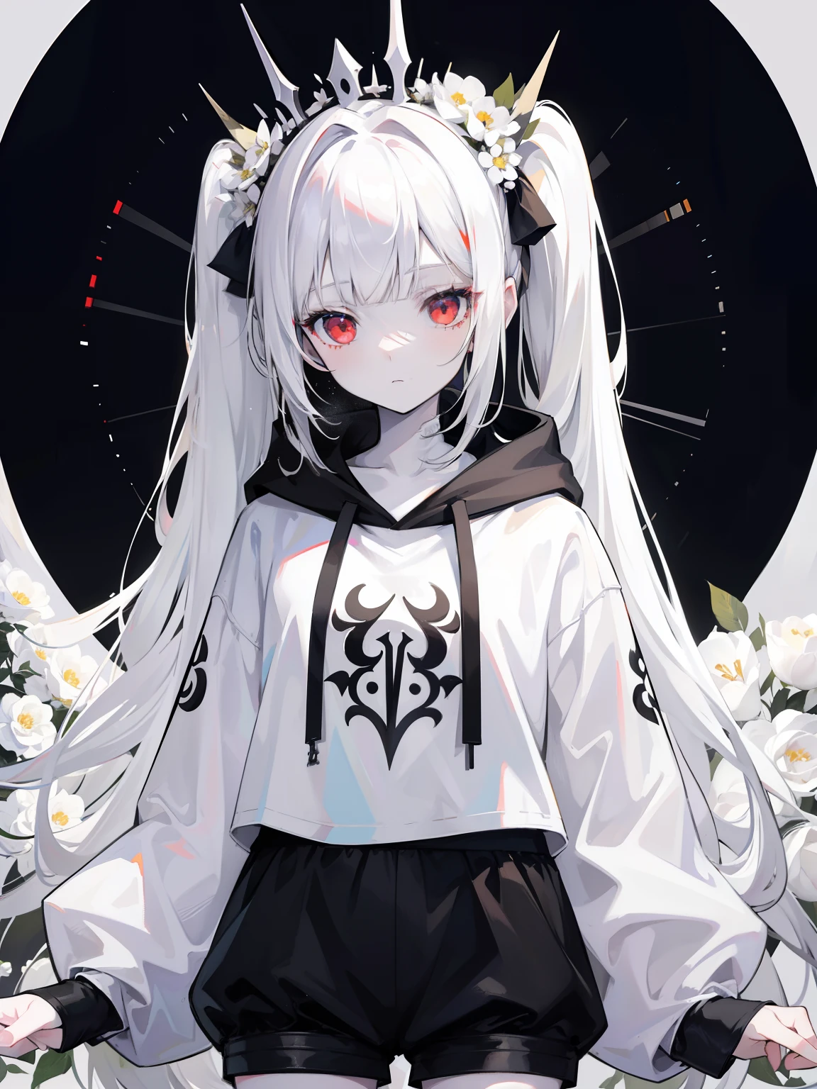 Pale skin, white hair, black hoodie, white flowers, flowers on head, Twintails, , solo,{{best quality}}, {{masterpiece}}, {{ultra-detailed}}, {illustration}, {detailed light}, red eyes,long hair,shorts