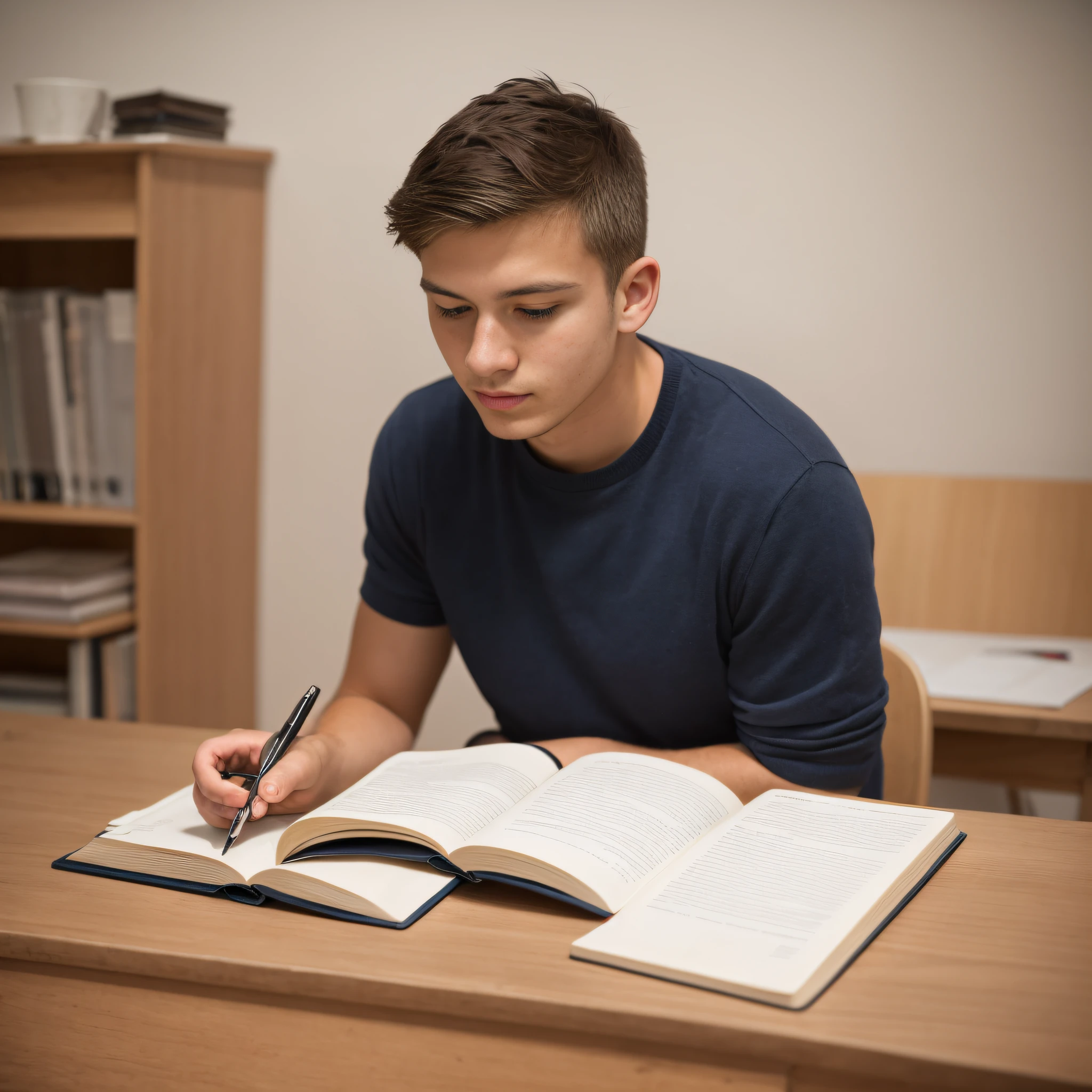 Alafed man sitting at table with book and pen in hand, trying to study, studying in a brightly lit room, pupils, sitting at the desk, Studying, studious, studyng in bedroom, art student, reading new book, elegant study, Reading a book, Write a diary, studious chiaroscuro, reading in library