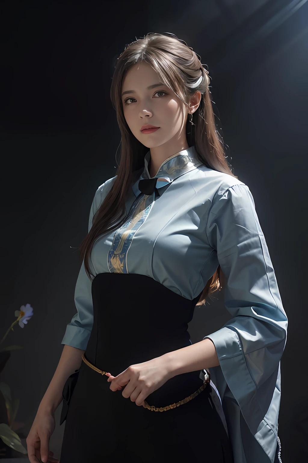 Hyperrealist portrait of female by david hockney and alphonse mucha,fantasy art, photo realistic, dynamic lighting, artstation, poster, volumetric lighting, very detailed faces, 4 k, award winning,, 1girl, in the dark, deep shadow, low key,cowboy shot,(official clothing:1.4) ,long hair,white hair,