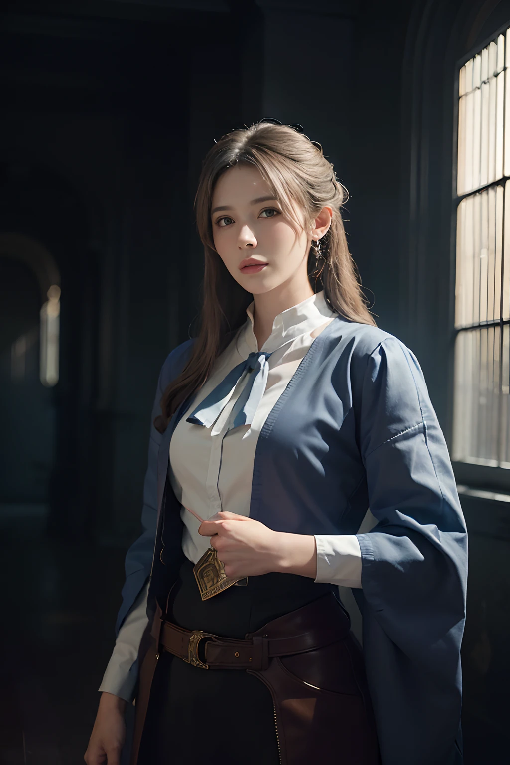 Hyperrealist portrait of female by david hockney and alphonse mucha,fantasy art, photo realistic, dynamic lighting, artstation, poster, volumetric lighting, very detailed faces, 4 k, award winning,, 1girl, in the dark, deep shadow, low key,cowboy shot,(official clothing:1.4) ,long hair,white hair,