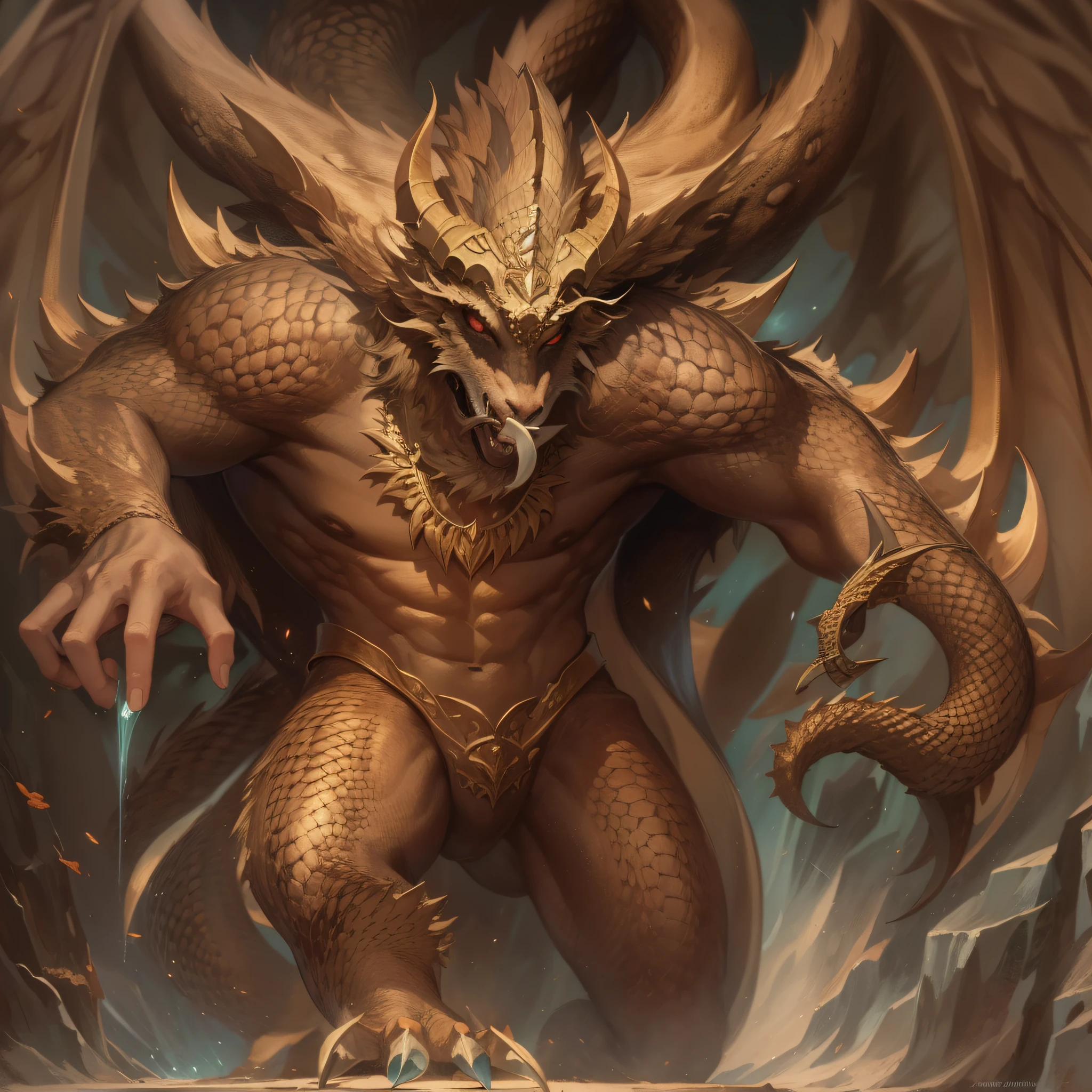 Touro, gigante, 6 chifres, dragonskin, olhos flamejantes, Mythological Being, detalhes intrincados, Arte fantasia, 16k