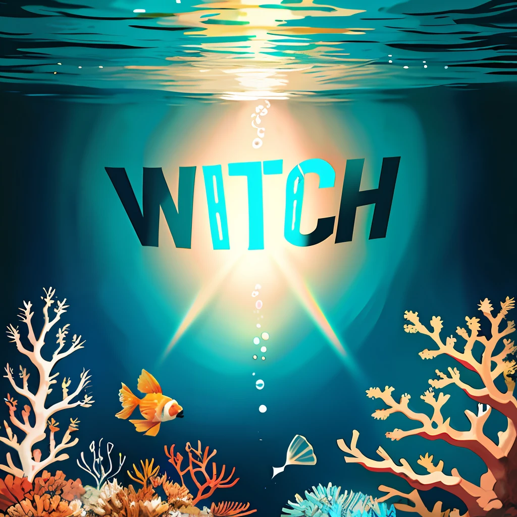text from bubbles in the underwater world, goldfish, corals, clear blue water