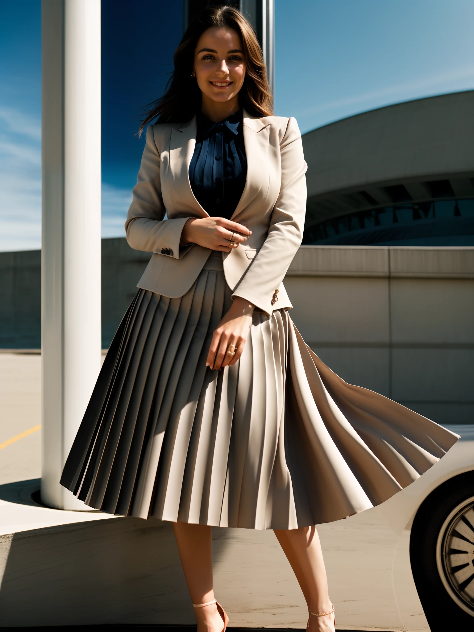 very (shy smiling:1,1) good woman wearing a short blazer with a very very detailed (long (fully pleated) full circle skirt) and (simple) low heeled office shoes, very very intricate hyper-detailed symmetric (attractive graceful young feminine face) with (sad, tired eyes and a shy smile), large breasts, full of empathy and compassion and love, (pronounced (feminine) features), (highly detailed ultra accurate realistic) hands and fingers, (windy conditions and wind blowing), epic composition, highly detailed attributes, highly detailed atmosphere, (35mm f1.4 Kodak portra 400 photograph), extremely high quality RAW photograph, (deep space station secret operations active),