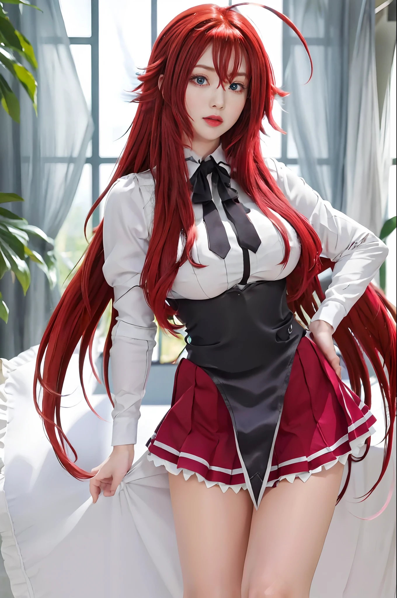 masterpiece, best quality, highres, best quality, highres, rias gremory, 1girl, long hair,unbottened school uniform, red hair, ahoge, blue eyes, large breasts, very long hair, breasts, skirt, huge ahoge, garterbelt, stocking, outdoors, standing,