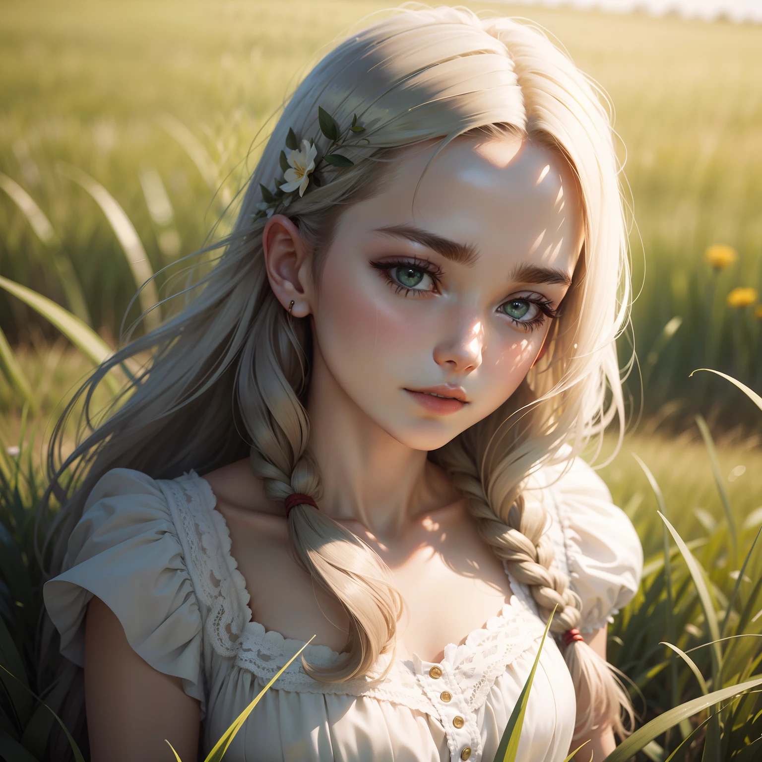 On a patch of grass stood a,She has a delicate face,with fair skin