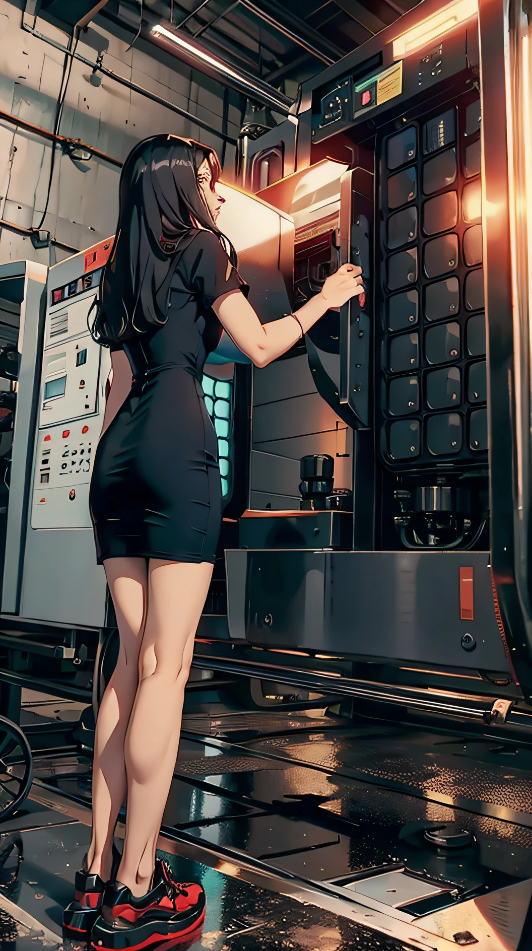Arad woman in black dress standing in front of the machine, (sfv) safe to work, wearing a tight black dress, low quality video, she wears a black dress, in a factory, touching her clothes, opened dress, Tight dress, She is facing the camera, very very low quality, Short dress, wearing dresses