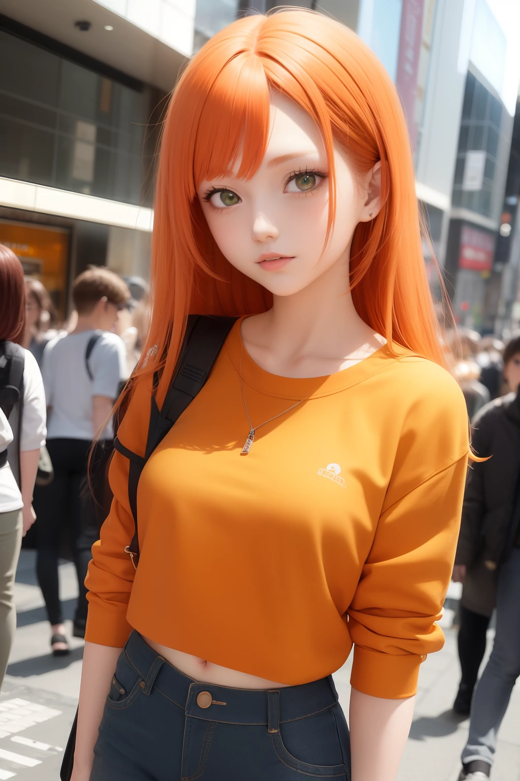 best quality, masterpiece, orange haired, 18 years old girl, with green eyes, cute face, cool and modern clothes, face detailed, shibuya street