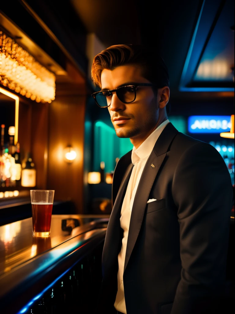 A portrait of an American extremely handsome man dressed in an elegant clothing, illuminated by the vibrant neon lights of a stylish bar. The man exudes sophistication and masculinity, his poise capturing the essence of Parisian sexuality. His clothing is modern and sexy. The neon lights cast a colorful glow on his face, accentuating his handsome features and adding a contemporary flair to the scene. The bar's atmosphere is buzzing with energy, with the soft murmur of conversations and clinking glasses in the background. The composition of this photo is carefully crafted, capturing the man’s allure and the ambiance of the bar in perfect harmony. Photographed by Paolo Roversi, using a Leica SL2 with a 50mm lens, the lighting combines the neon lights of the bar with subtle fill light, creating a captivating and glamorous image.