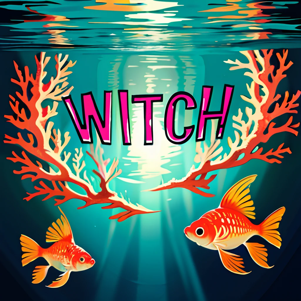 text from bubbles in the underwater world, goldfish, corals, clear blue water