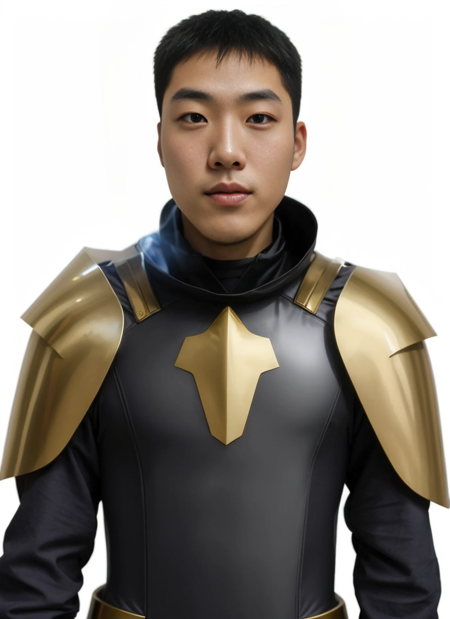 of a guy,anime big breast,Preserve facial features,wearing golden armor。