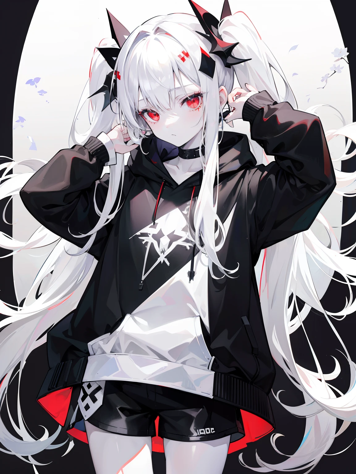 Pale skin, white hair, black hoodie, white flowers, flowers on head, Twintails, , solo,{{best quality}}, {{masterpiece}}, {{ultra-detailed}}, {illustration}, {detailed light}, red eyes,long hair,shorts