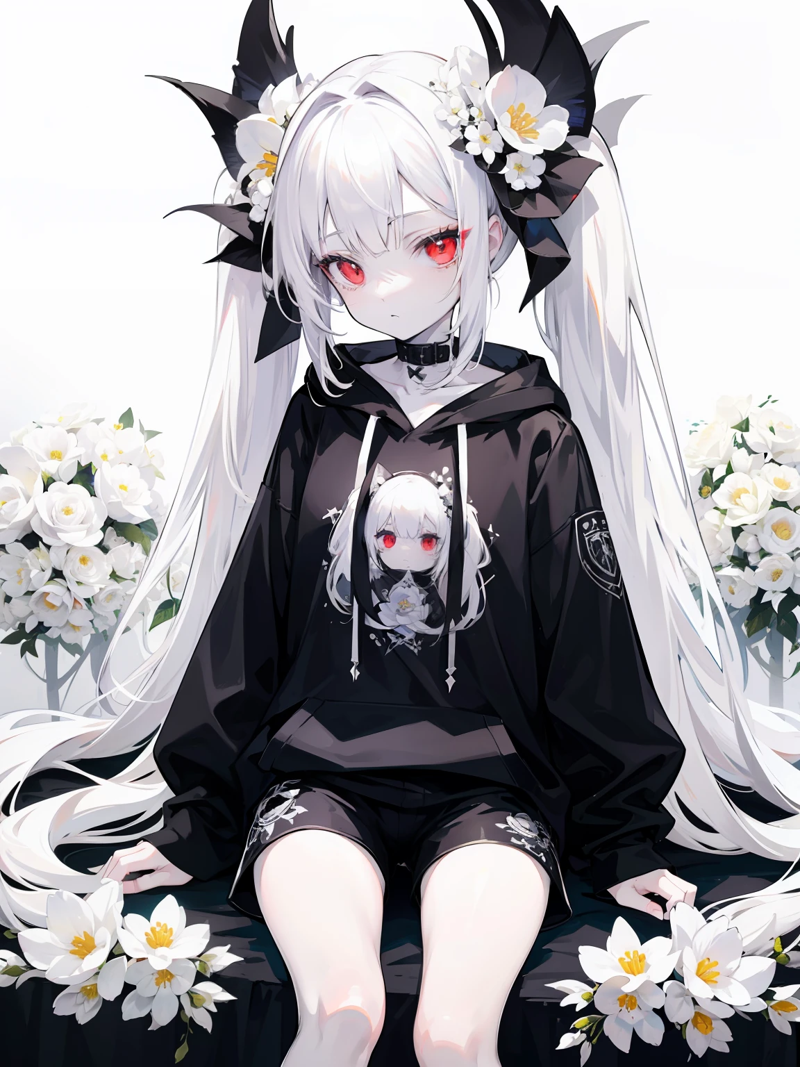 Pale skin, white hair, black hoodie, white flowers, flowers on head, Twintails, Loli, solo,{{best quality}}, {{masterpiece}}, {{ultra-detailed}}, {illustration}, {detailed light}, red eyes,long hair,shorts