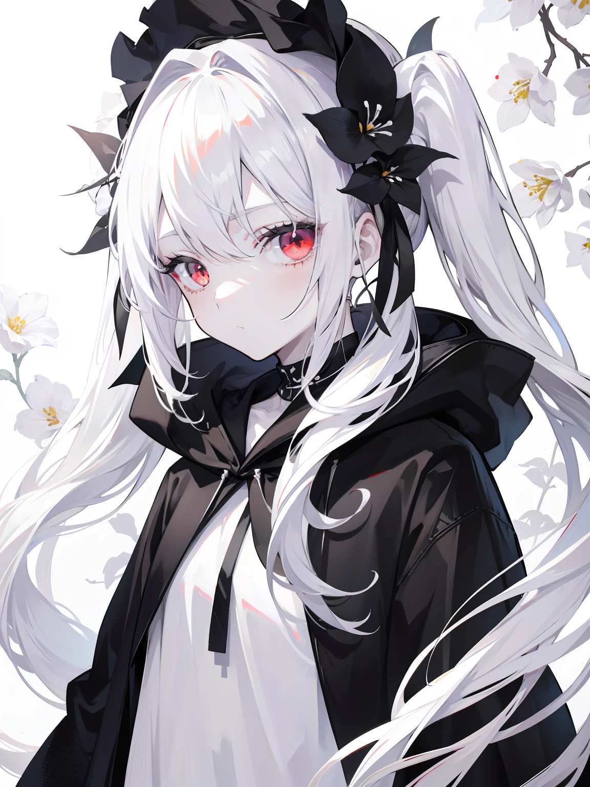 Pale skin, white hair, black hoodie, white flowers, flowers on head, Twintails, , solo,{{best quality}}, {{masterpiece}}, {{ultra-detailed}}, {illustration}, {detailed light}, red eyes,long hair,shorts