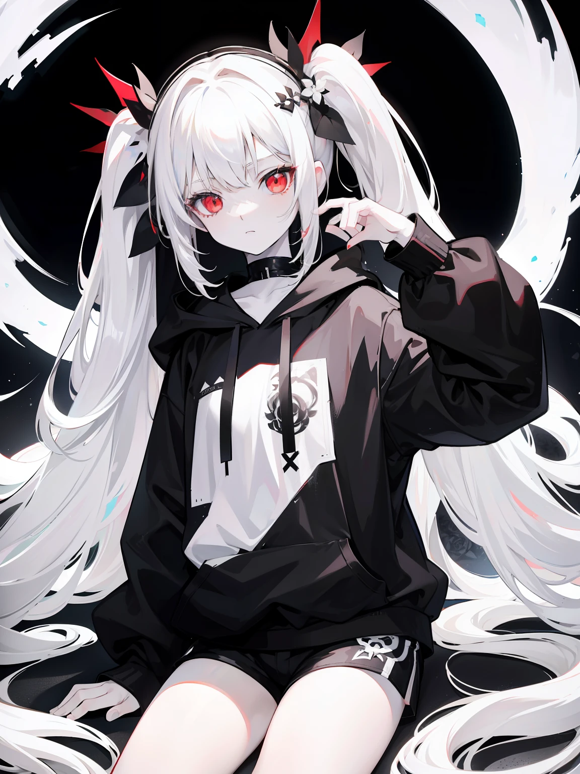 Pale skin, white hair, black hoodie, white flowers, flowers on head, Twintails, Loli, solo,{{best quality}}, {{masterpiece}}, {{ultra-detailed}}, {illustration}, {detailed light}, red eyes,long hair,shorts