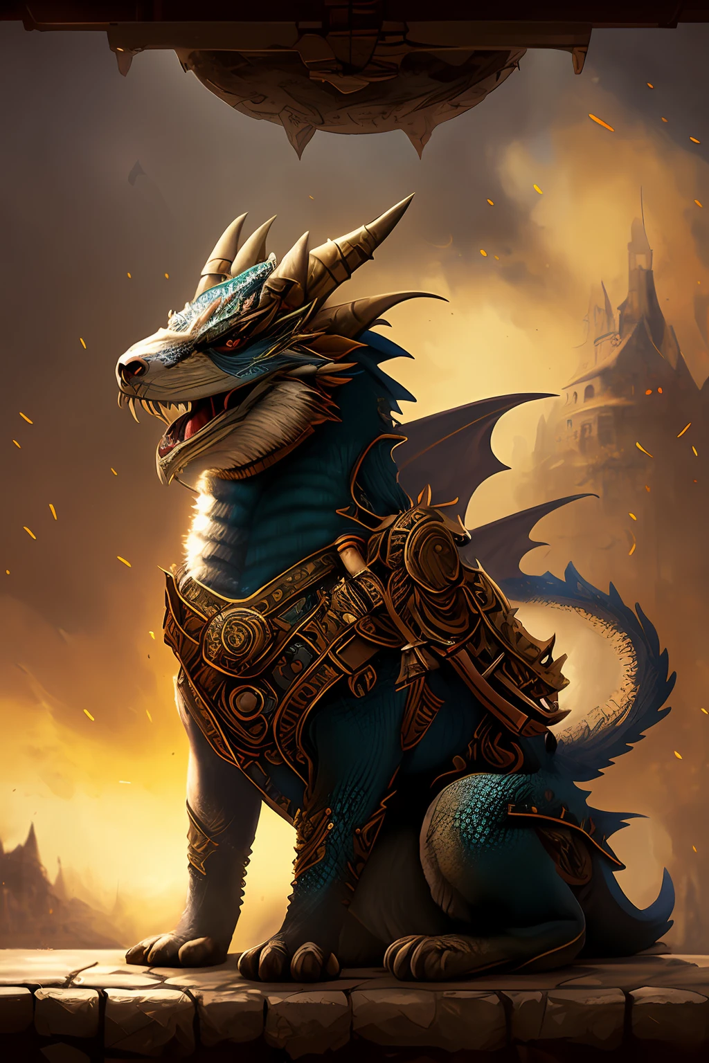 uploaded on e621, (male anthro dragon), standing, solo, muscle, detailed scale texture, old castle, (battlefield), (tribal clothing, ((long loincloth))), (shoulder armor, leg armor), blue body, white belly, dawn, shaded, dim environment, (art by chunie, (drakgem), ((rakisha)), (kontanagamori)), (front view), looking pleasured, [simple background], detailed pupils, masterpiece artwork, caustics, rim lighting, single light source, sharp shadows, solo portrait, (digitgrade, toe claw), (kemono), by inessa garmash, greg rutkowski, pino daeni, ruan jia