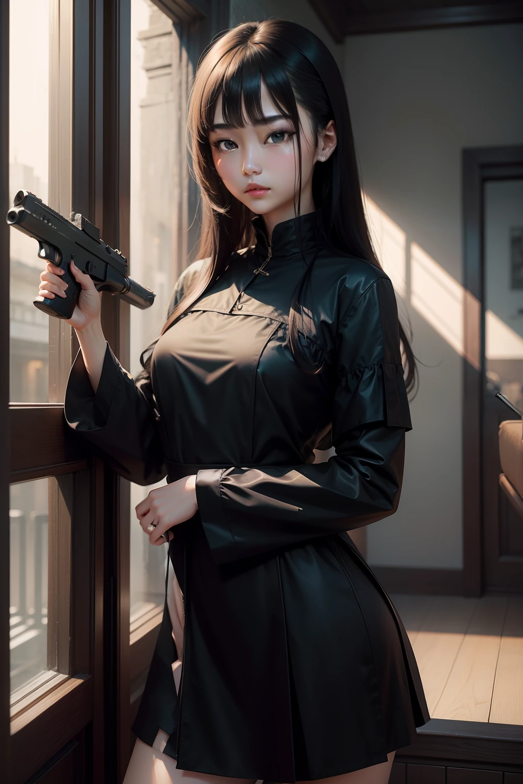 masterpiece、top-quality、a beauty girl、Long、、校服、hold a gun、A dark-haired