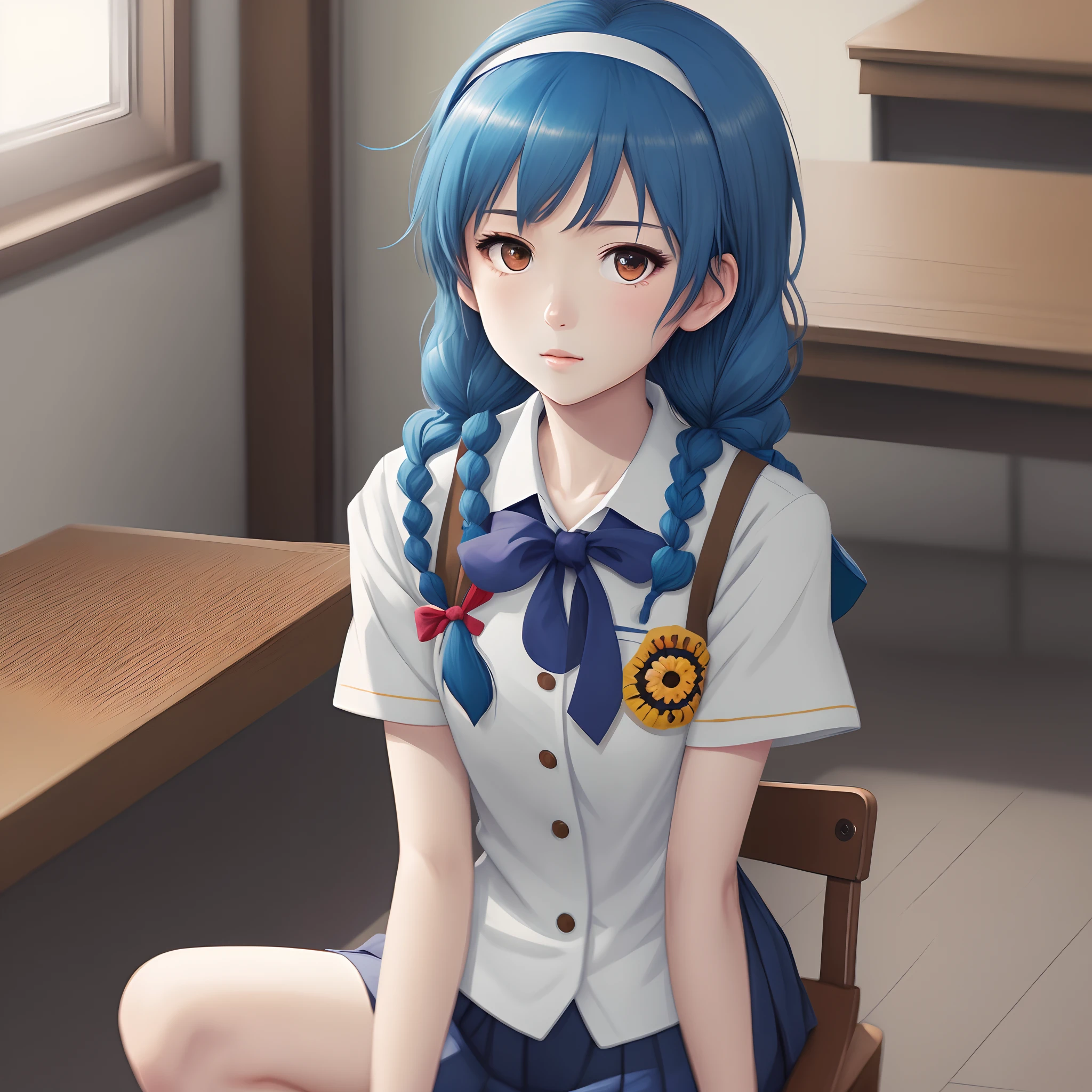 masterpiece, best quality, ultra-detailed, illustration, 1girl, solo, furutani_himawari, blue hair, brown eyes, hairband, medium hair, low twin braids, nanamori school uniform, anime screencap, upper body