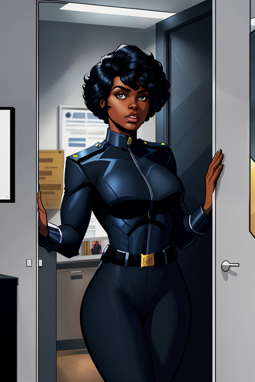 police officer, black woman, wearing american police suit, standing in police station office, taking, near a door, jail cell in the background, comic book style, flat shaded, prominent comic book outline linework