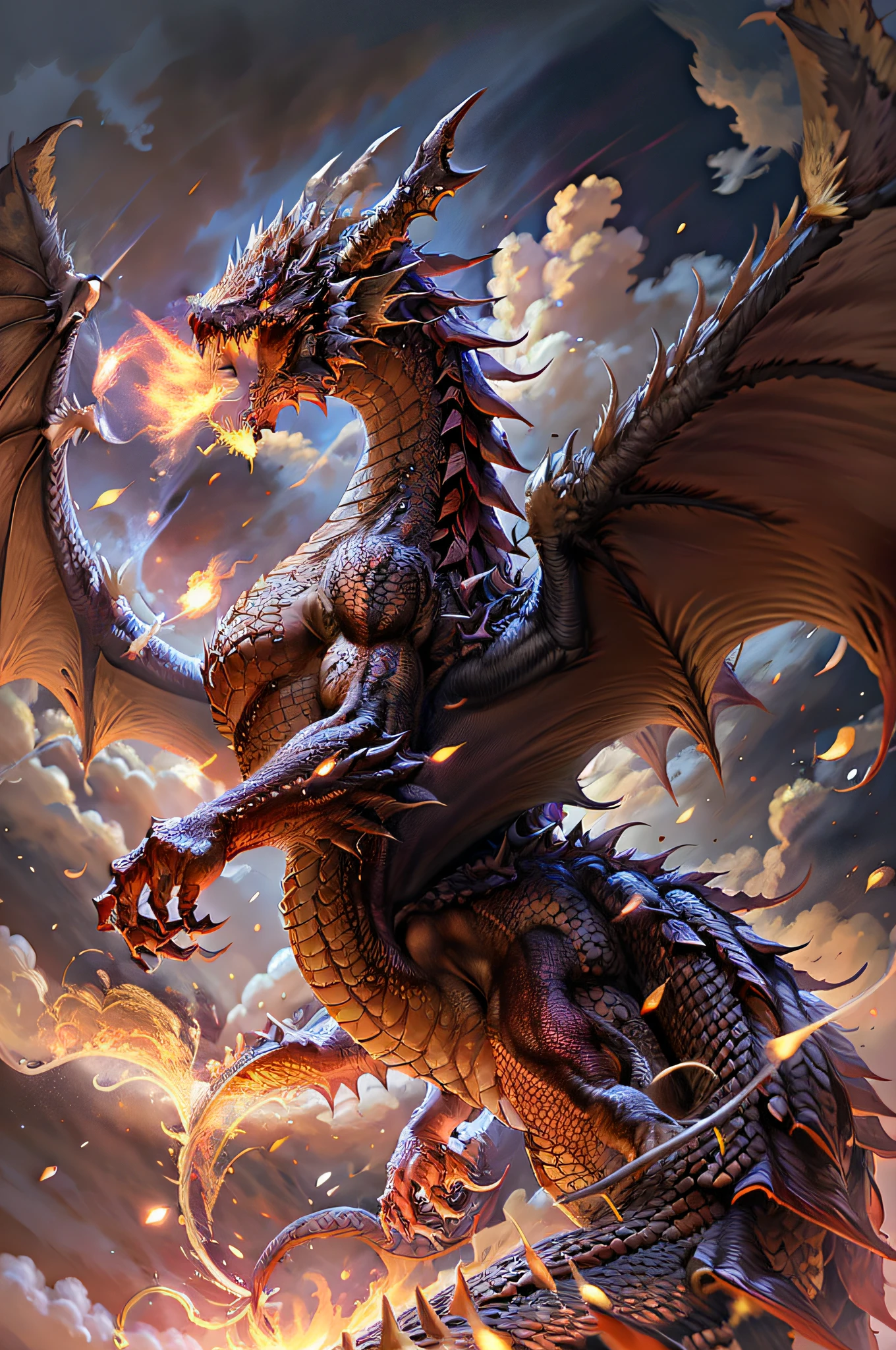 Domineering fire dragon，Hovering in the sky，Spew out fiery flames，The golden scales full of power shine brightly，The huge dragon wings flap，Cut through the sky。