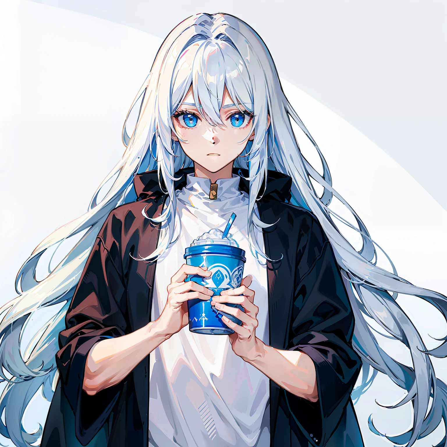 (tmasterpiece，best qualtiy)，A beautiful boy with long white hair，blue color eyes，Sweatshirt