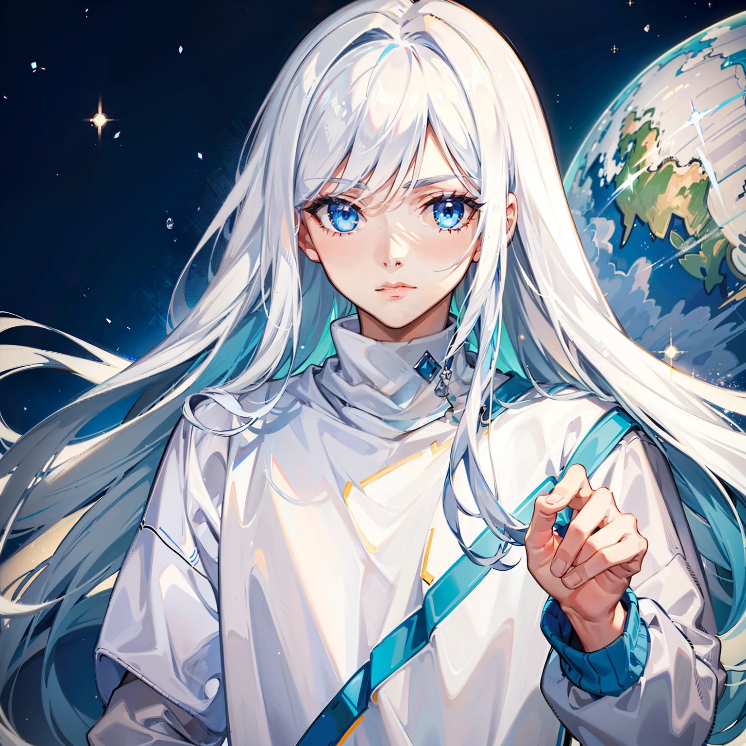 (tmasterpiece,best qualtiy),A beautiful boy with long white hair,blue color eyes,Sweatshirt