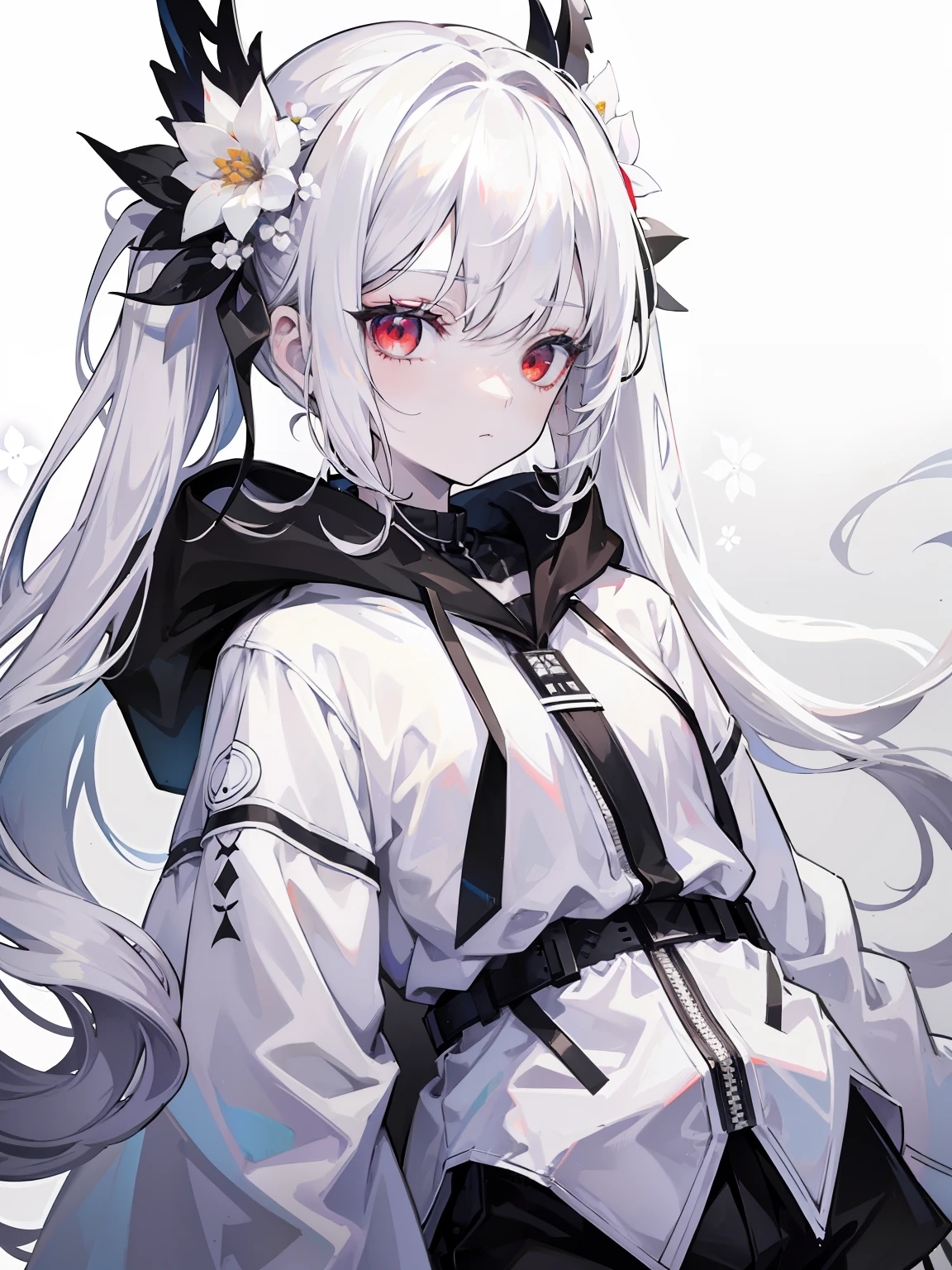 Pale skin, white hair, black hoodie, white flowers, flowers on head, Twintails, , solo,{{best quality}}, {{masterpiece}}, {{ultra-detailed}}, {illustration}, {detailed light}, red eyes,long hair,shorts