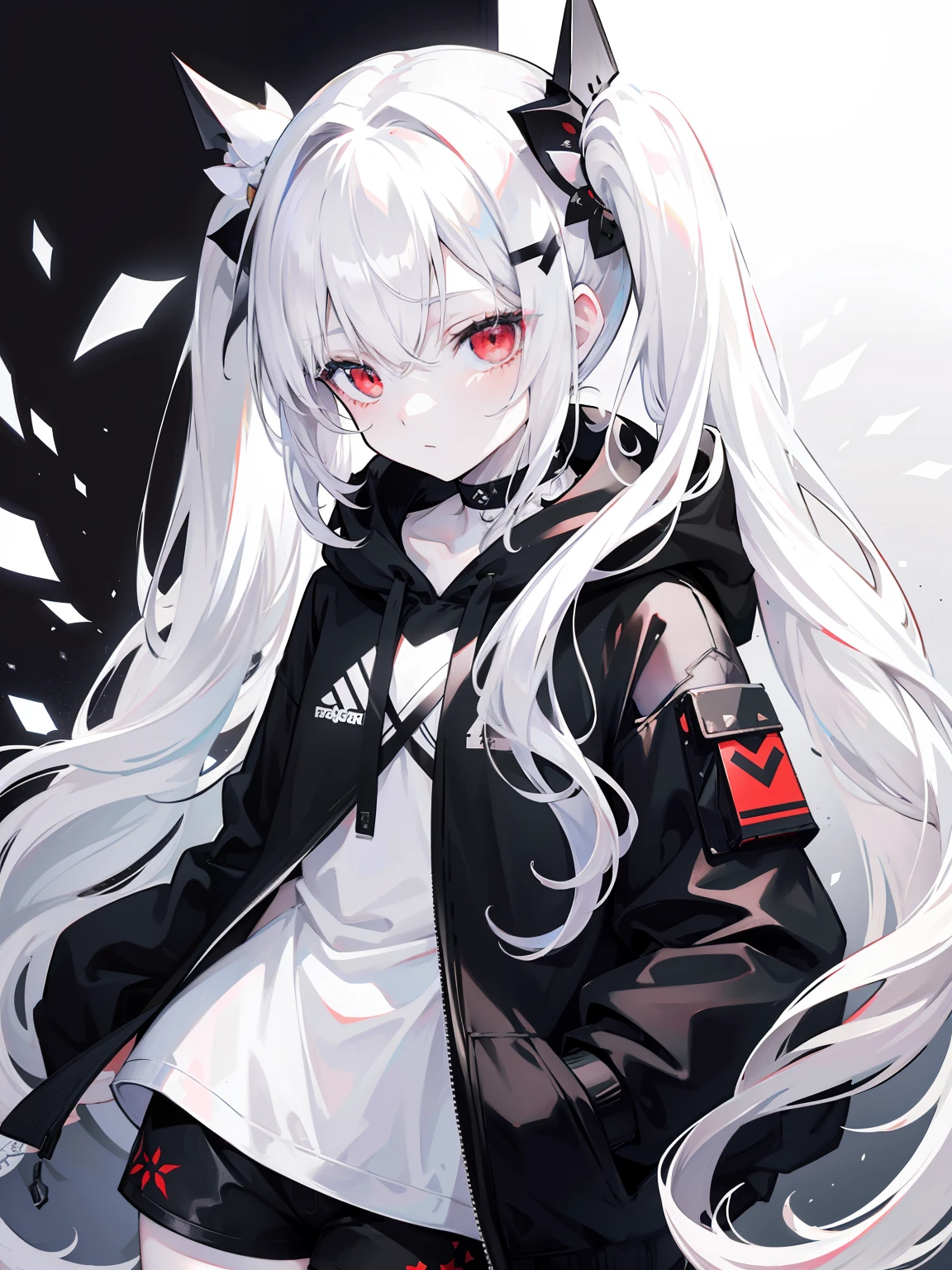 Pale skin, white hair, black hoodie, white flowers, flowers on head, Twintails, Loli, solo,{{best quality}}, {{masterpiece}}, {{ultra-detailed}}, {illustration}, {detailed light}, red eyes,long hair,shorts