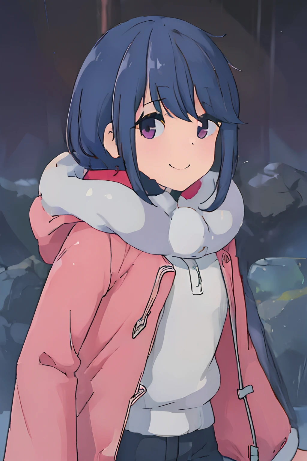 (masterpiece:1.4), (best qualit:1.4), (high resolution:1.4), shima rin, looking at viewer, smile, rain, red parka, colorful, high contrast
