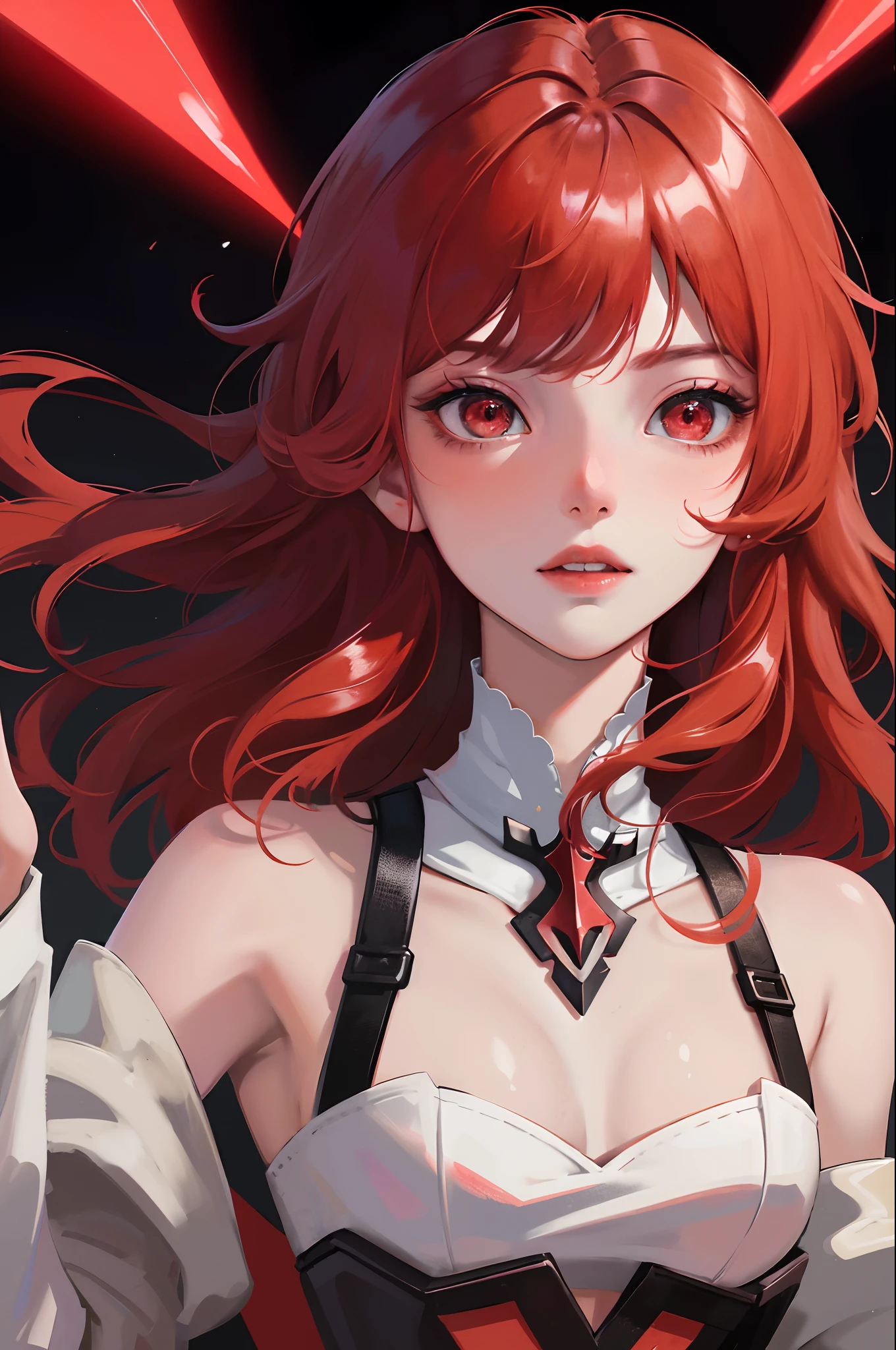 1girll, star eye, Blush, lighting perfect, Red hair, Red eyes, illusory engine, side-lighting, Detailed face, bangs, Bright Skin, Simple background, Dark background,