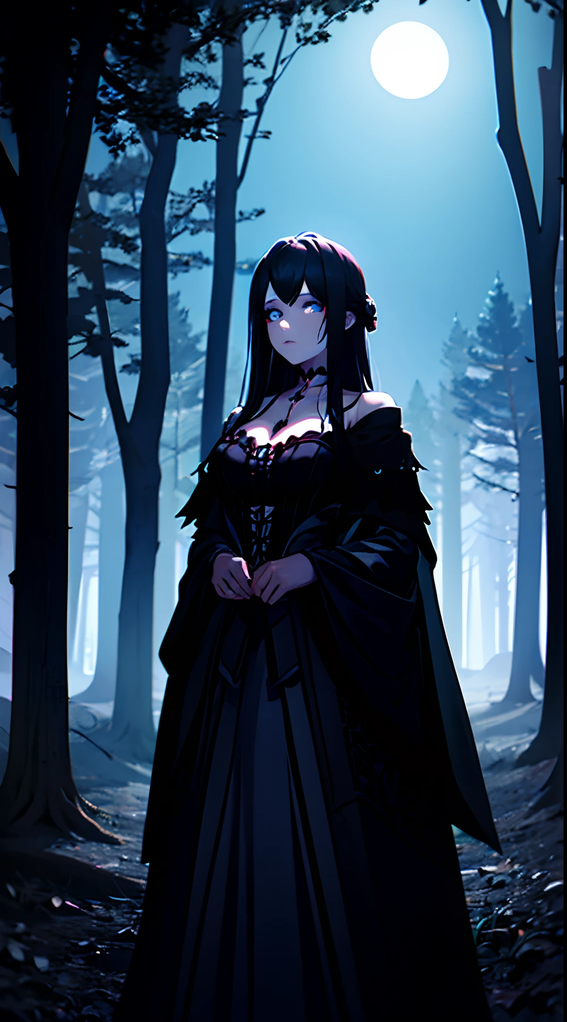 beautiful, gothic girl, long hair, black hair, blue eyes, looking at viewer, moonlight behind her, glowing, gothic makeup, mysterious, dark forest, standing