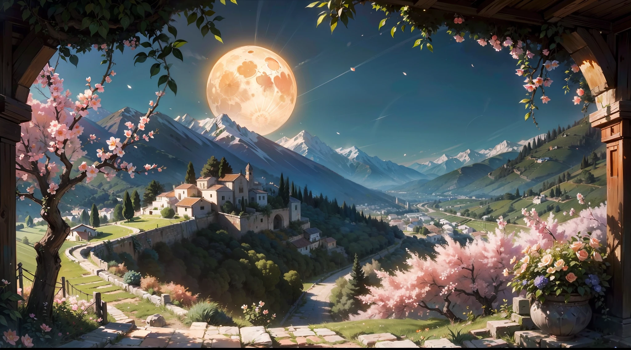 （best qualityer），（tmasterpiece），（ultra - detailed），（high detal），（extremely detaile），arcadia，The peach grove is full of flowers，Rustic and low-key village，mistic，Hidden deep in the peach forest，Hidden in the mountains，Hide the magic of the peach tree，Hide the magic of the moon