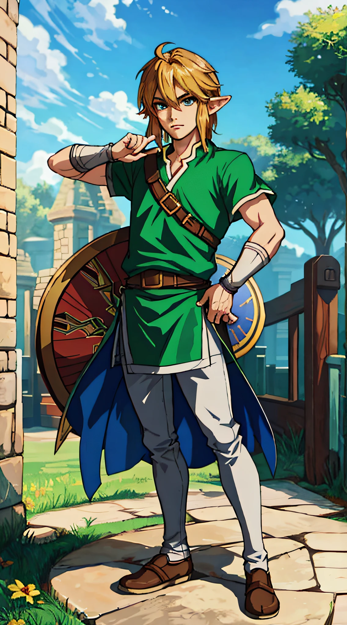 masterpiece full-body shot of Link in Hyrule, caustics, anime