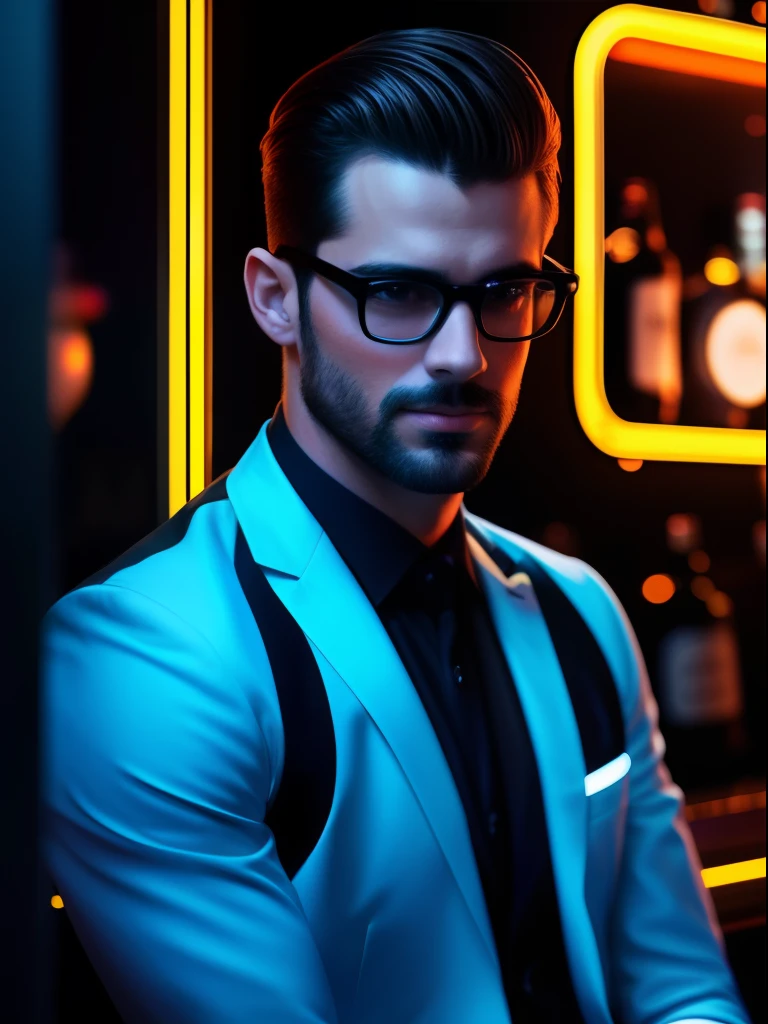 A portrait of an American extremely handsome man dressed in an elegant clothing, illuminated by the vibrant neon lights of a stylish bar. The man exudes sophistication and masculinity, his poise capturing the essence of Parisian sexuality. His clothing is modern and sexy. The neon lights cast a colorful glow on his face, accentuating his handsome features and adding a contemporary flair to the scene. The bar's atmosphere is buzzing with energy, with the soft murmur of conversations and clinking glasses in the background. The composition of this photo is carefully crafted, capturing the man’s allure and the ambiance of the bar in perfect harmony. Photographed by Paolo Roversi, using a Leica SL2 with a 50mm lens, the lighting combines the neon lights of the bar with subtle fill light, creating a captivating and glamorous image.